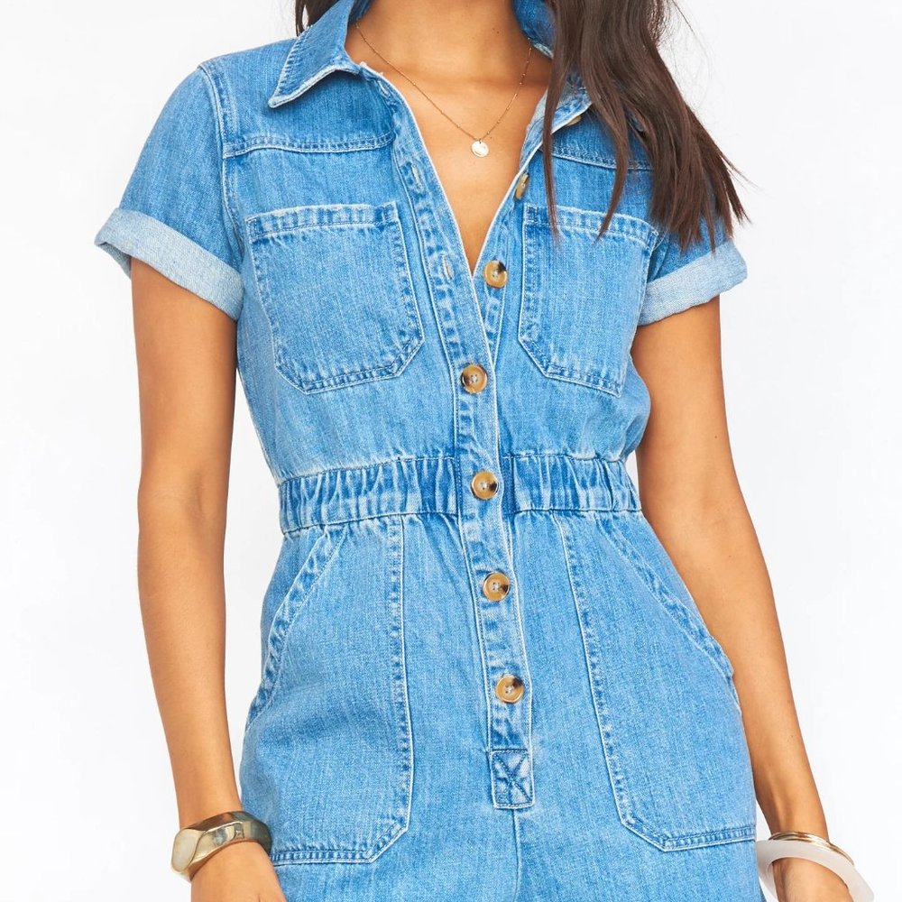 New Show Me Your Mumu Ocean Spray Blue Denim Cannon Romper